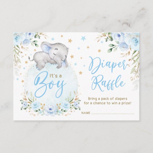 Carte D'accompagnement Garçon Elephant Bleu Lune Or Étoiles Diaper Raffle (Devant)