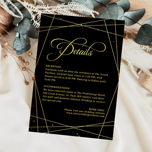 Carte D'accompagnement Geometric Luxury Black & Gold Wedding Details