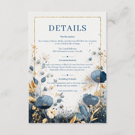 Carte D'accompagnement Gilded Wildflower Navy and Gold Wedding (Devant)