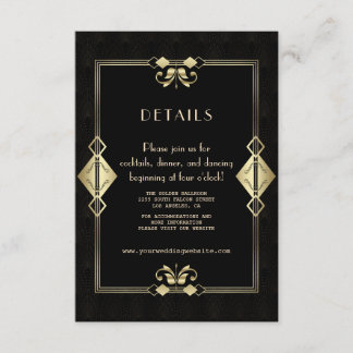 Carte D'accompagnement Glam Gold Black Art Déco 20s Réception de mariage