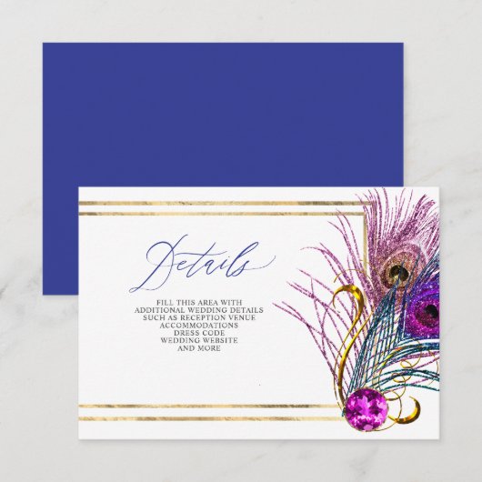 Carte D'accompagnement Glitter Gold Blue Purple Peacock Plume Wedding (Devant / Derrière)
