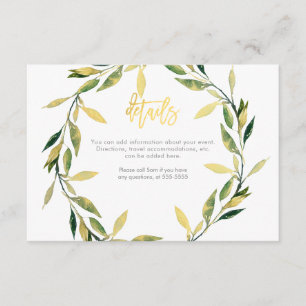 Carte D'accompagnement Gold Botanical Green Leaf Wreath Détails du Mariag
