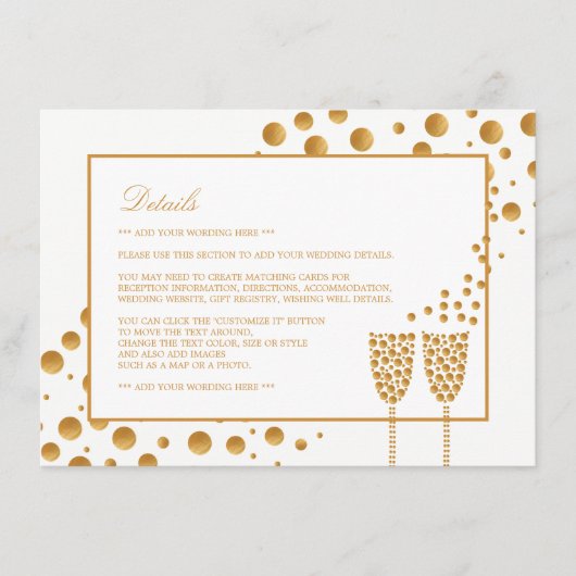 Carte D'accompagnement Gold Champagne Bubbles Mariage Détails (Devant)