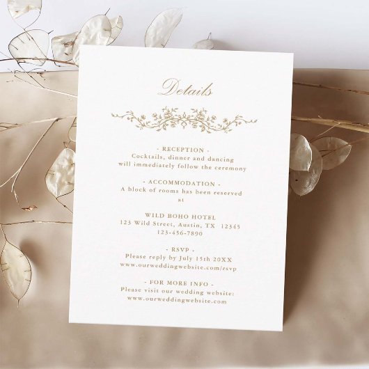 Carte D'accompagnement Gold Classic Français Floral Détails du Mariage
