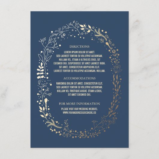 Carte D'accompagnement Gold et Navy Floral Wreath Détails du Mariage (Devant)
