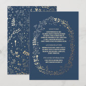 Carte D'accompagnement Gold et Navy Floral Wreath Détails du Mariage (Devant / Derrière)
