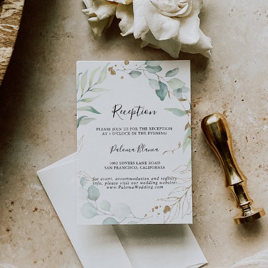 Carte D'accompagnement Gold Eucalyptus Calligraphie Réception de mariage