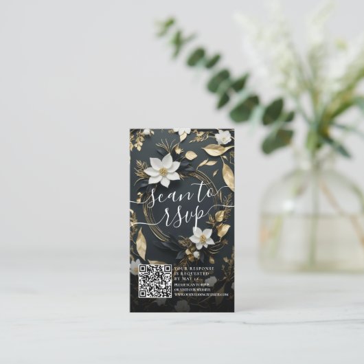Carte D'accompagnement Gold Floral Wreath Mariage QR Code Site Web RSVP (Debout devant)