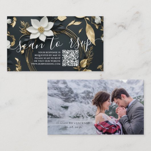 Carte D'accompagnement Gold Floral Wreath Mariage QR Code Site Web RSVP (Devant / Derrière)