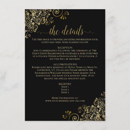 Carte D'accompagnement Gold Frills Elegant Black Mariage Détails (Devant)