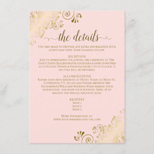 Carte D'accompagnement Gold Frills Elegant Blush Pink Mariage Détails (Devant)