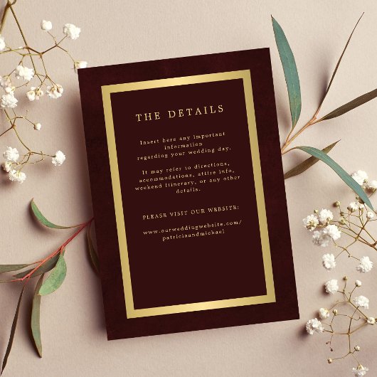 Carte D'accompagnement Gold green elegant wedding guest information