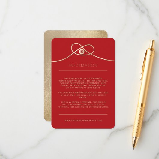 Carte D'accompagnement Gold Knot Union Double Bonheur Mariage chinois (Devant/Arrière en situation)