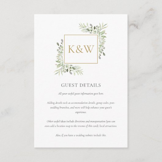 Carte D'accompagnement Gold Monogram Greenery Mariage Détails sur l'invit (Devant)