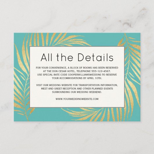 Carte D'accompagnement Gold Palm Frond sur Caribbean Blue Mariage Détails (Devant)