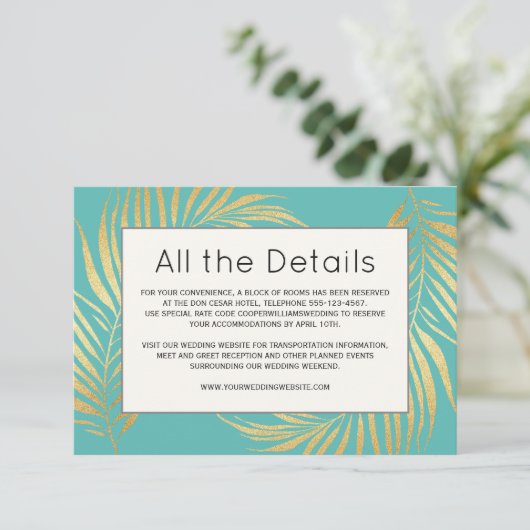 Carte D'accompagnement Gold Palm Frond sur Caribbean Blue Mariage Détails (Debout devant)