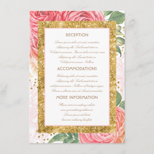 Carte D'accompagnement Gold Parties scintillant Floral Mariage Informatio (Devant)