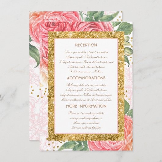 Carte D'accompagnement Gold Parties scintillant Floral Mariage Informatio (Devant / Derrière)
