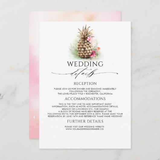 Carte D'accompagnement Gold Pineappy Mariage Information Invité (Devant / Derrière)