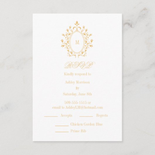 Carte D'accompagnement Gold RSVP card Monogram With 2 Entree Choice (Devant)