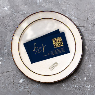 Carte D'accompagnement Gold Script Marine bleu QR Code Mariage RSVP