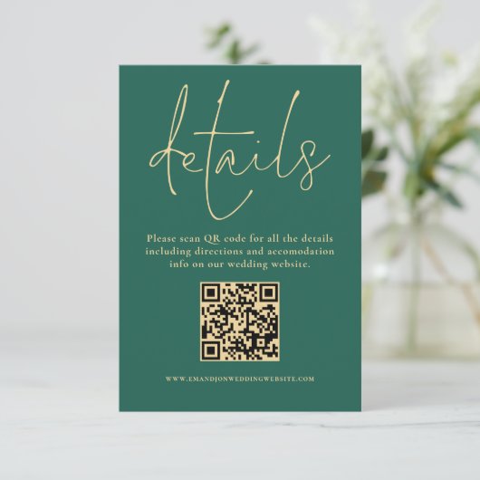 Carte D'accompagnement Gold Text QR Code Mariage Emerald Green Détails (Debout devant)