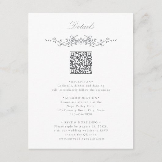 Carte D'accompagnement Gray Elegant Floral QR Code Détails du Mariage (Devant)