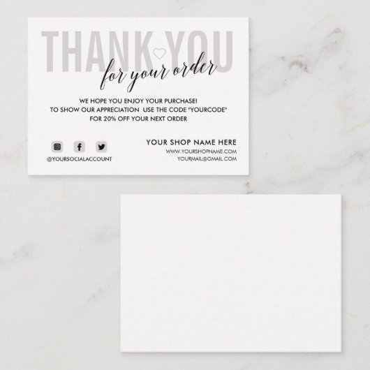 CARTE D'ACCOMPAGNEMENT GRAYTHANK BLANC VOUS REMERCIE POUR VOTRE ORDRE SOC (Devant / Derrière)