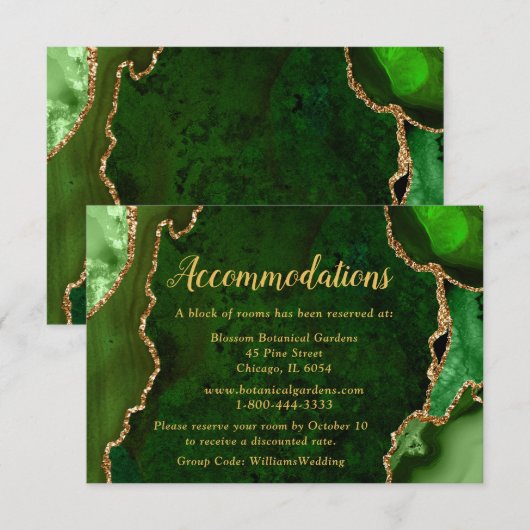 Carte D'accompagnement Green and Gold Agate Wedding Accommodations (Devant / Derrière)