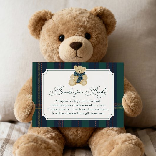 Carte D'accompagnement Green and Navy Plaid Teddy Bear Book Request