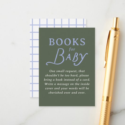 Carte D'accompagnement Green and Periwinkle Blue Book Request Baby Shower (Devant/Arrière en situation)