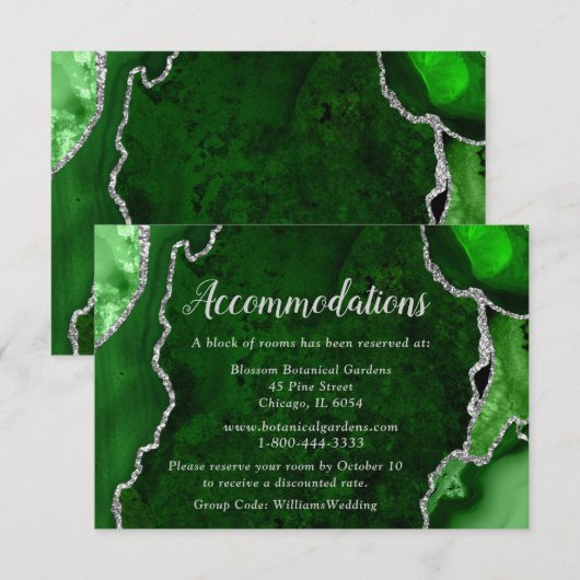 Carte D'accompagnement Green and Silver Agate Wedding Accommodations (Devant / Derrière)