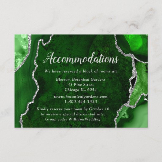 Carte D'accompagnement Green and Silver Agate Wedding Accommodations (Devant)