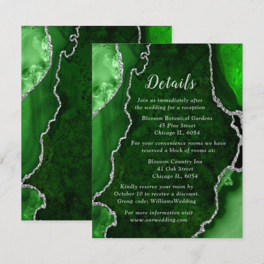 Carte D'accompagnement Green and Silver Agate Wedding Details (Devant / Derrière)