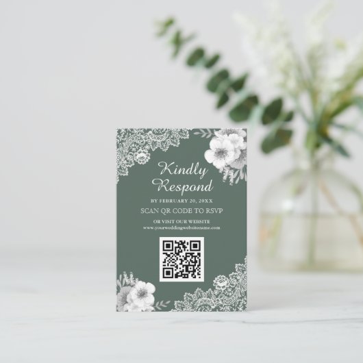 Carte D'accompagnement Green Floral Lace QR Code RSVP Mariage Website (Debout devant)
