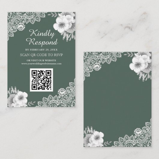 Carte D'accompagnement Green Floral Lace QR Code RSVP Mariage Website (Devant / Derrière)