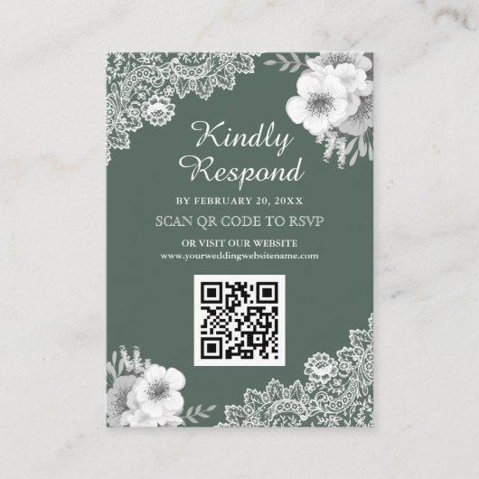 Carte D'accompagnement Green Floral Lace QR Code RSVP Mariage Website (Devant)