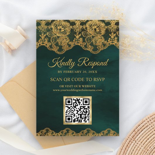 Carte D'accompagnement Green Gold Foil Lace QR Code RSVP Site Mariage