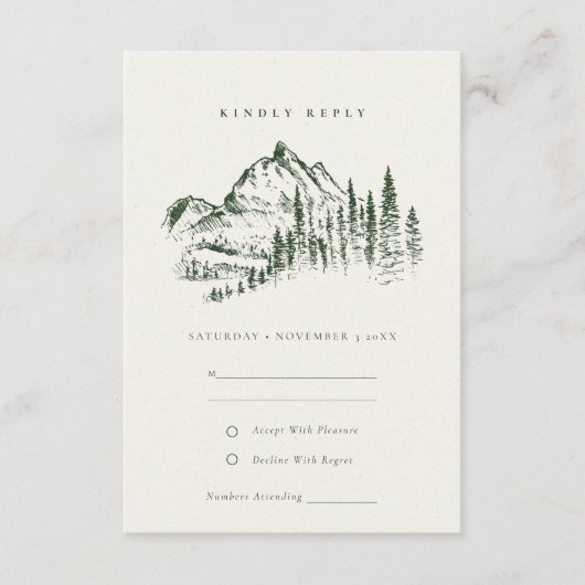 Carte D'accompagnement Green Pine Woods Mountain Sketch Wedding RSVP (Devant)