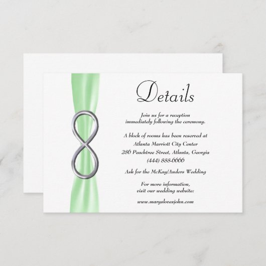 Carte D'accompagnement Green Ribbon Silver Infinity Détails du Mariage (Devant / Derrière)