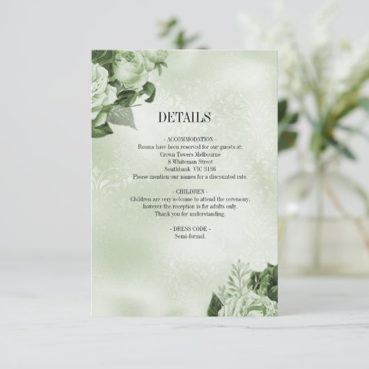Carte D'accompagnement Green Rustic Roses Mariage damassé Détails (Debout devant)