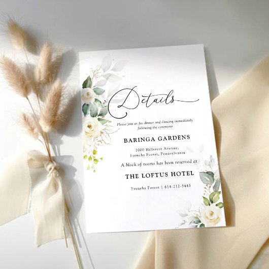 Carte D'accompagnement Green White Roses Détails du Mariage