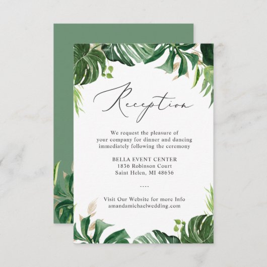 Carte D'accompagnement Greenery Palm Tropical Feuilles Réception de maria (Devant / Derrière)