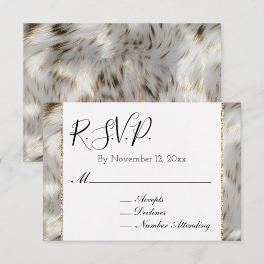 Carte D'accompagnement Gris Blanc Or Fausse Fourrure RSVP (Devant / Derrière)