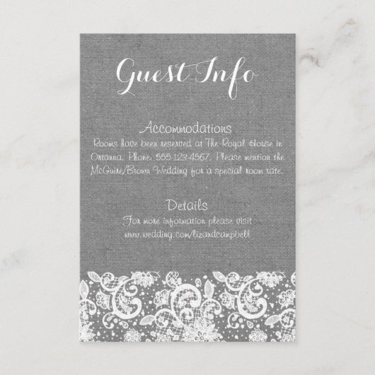 Carte D'accompagnement Gris Burlap and Lace Info Card - Mariage rustique (Devant)