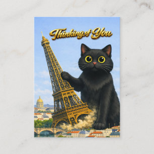 Carte D'accompagnement Gros Chat Noir Renverse la Tour Eiffel pour Penser
