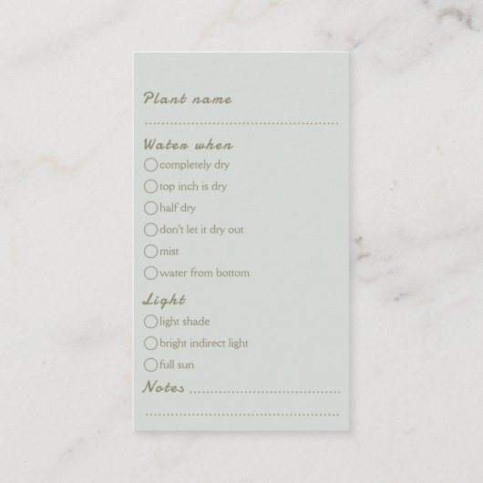 Carte D'accompagnement Guide de soins simple pour les commandes de plante (Dos)