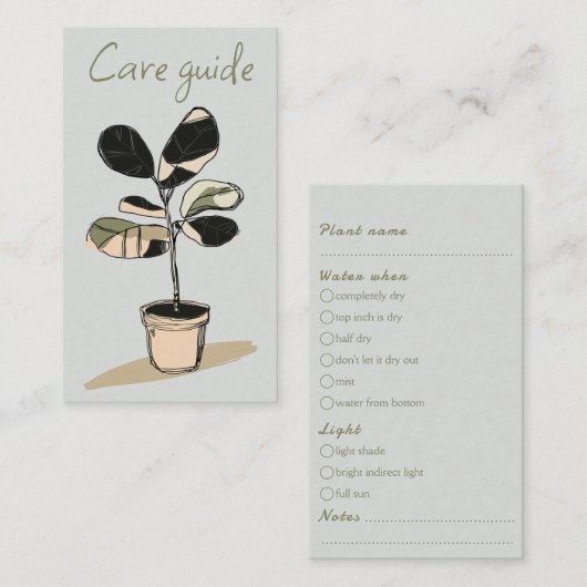 Carte D'accompagnement Guide de soins simple pour les commandes de plante (Devant / Derrière)