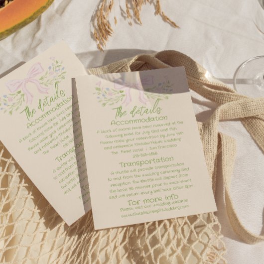 Carte D'accompagnement Hand Drawn Green Pink Bow Floral Wedding Details
