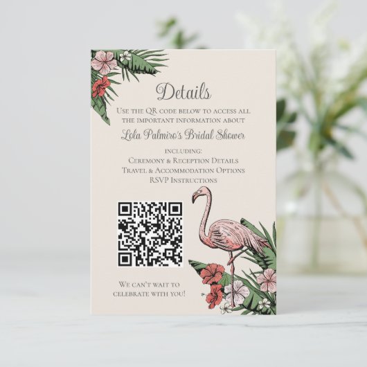 Carte D'accompagnement Hand-Drawn Tropical Flamingo QR Code Wedding Card (Debout devant)